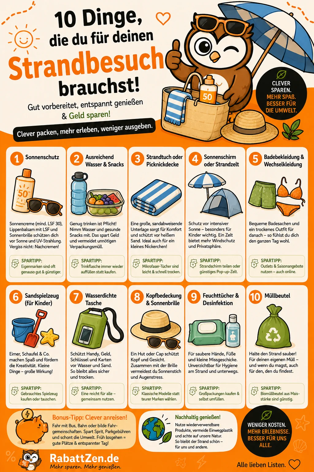 Infografik: Strandbesuch: 10 Dinge die in jede Strandtasche gehören