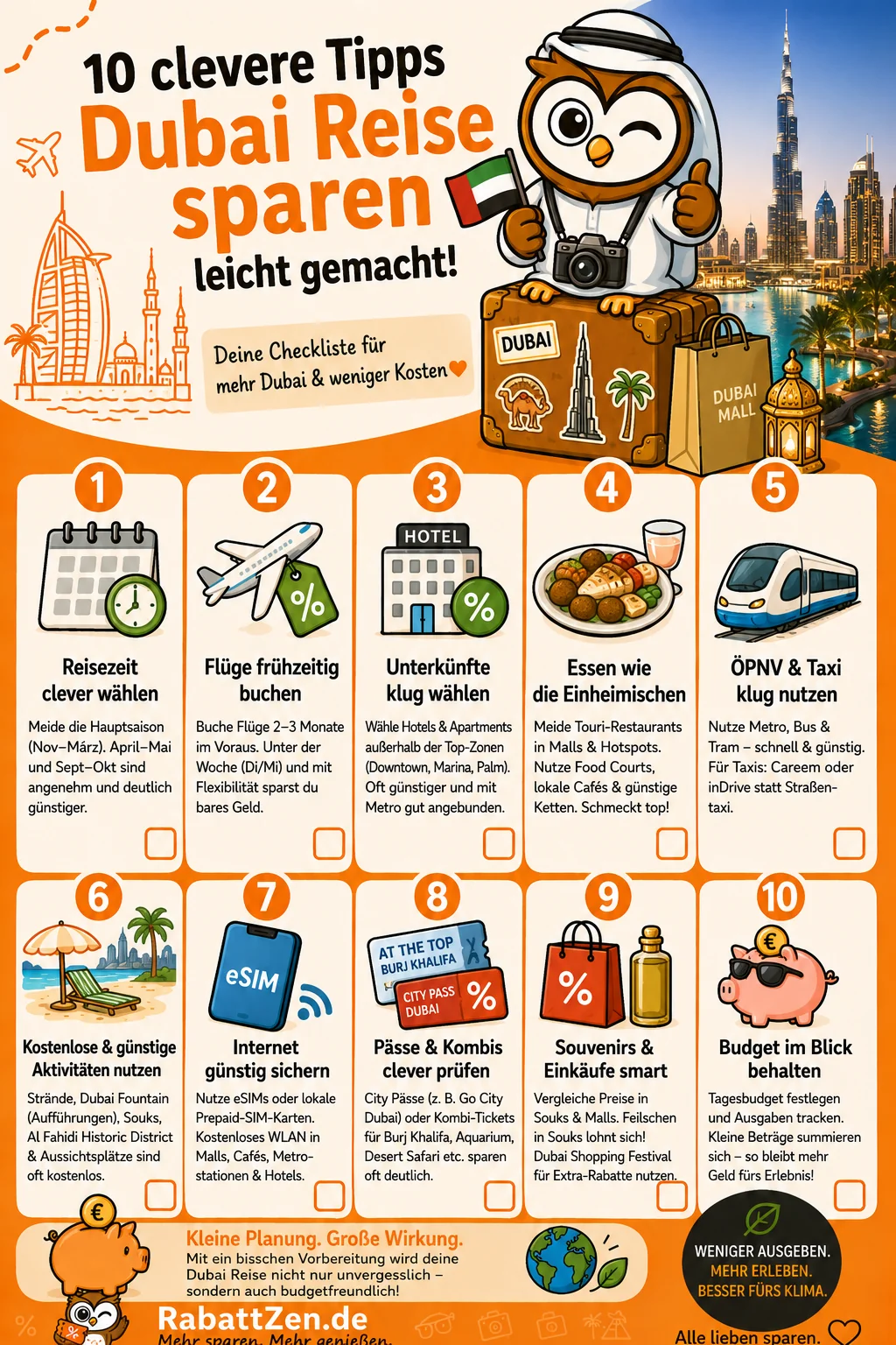 Infografik: Dubai Reise sparen: 10 Tipps für günstigen Urlaub