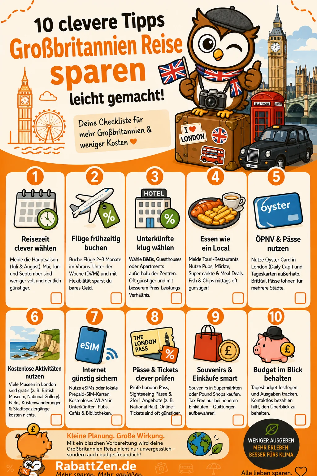 Infografik: Großbritannien Reise sparen: 10 Tipps für günstigen Urlaub