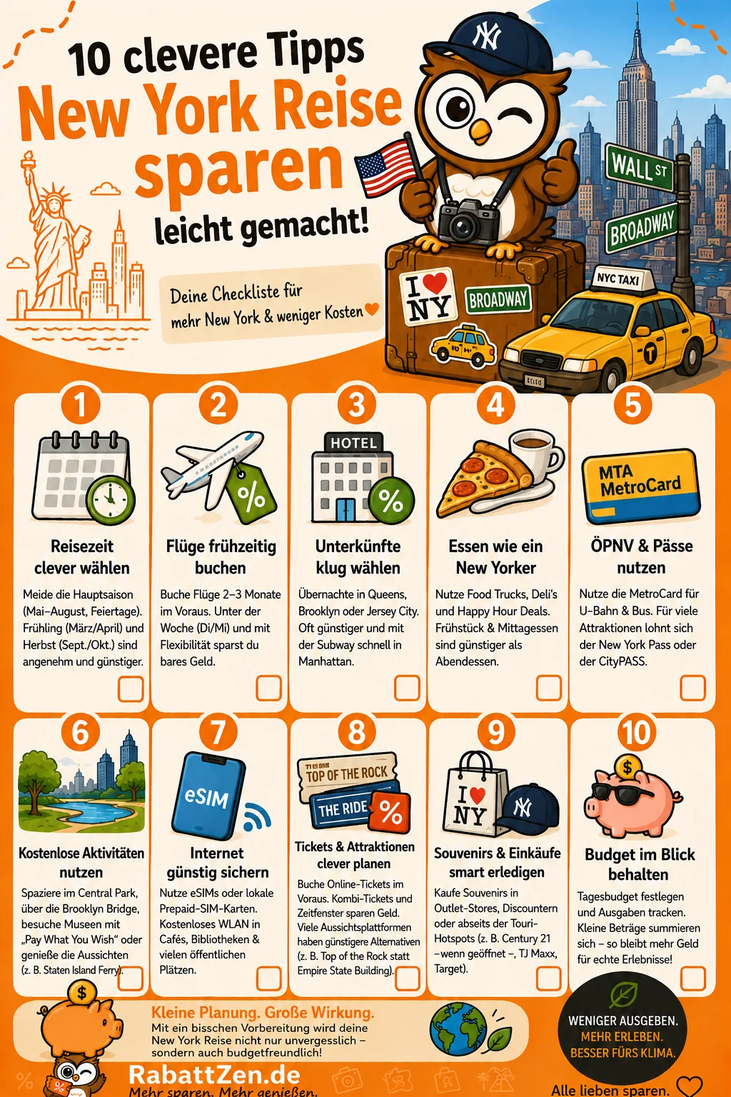 Infografik: New York Reise sparen: 10 Tipps für günstigeren NYC-Urlaub