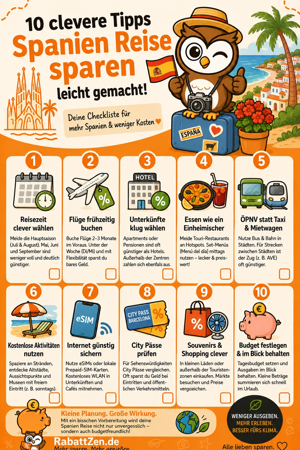 Infografik: Spanien Reise sparen: 10 Tipps für günstigeren Urlaub