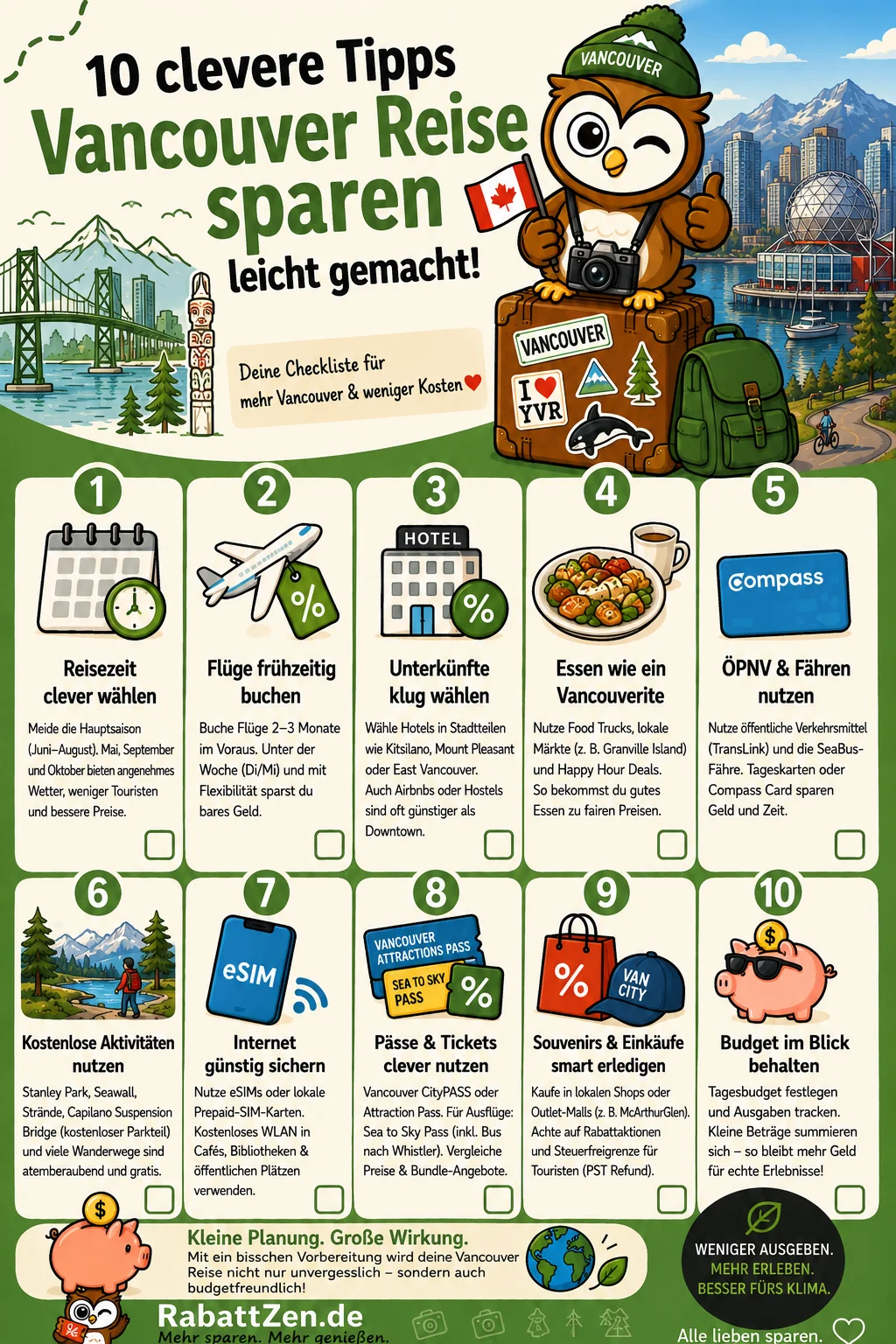 Infografik: Vancouver Reise sparen: 10 Tipps für günstigen Urlaub in BC
